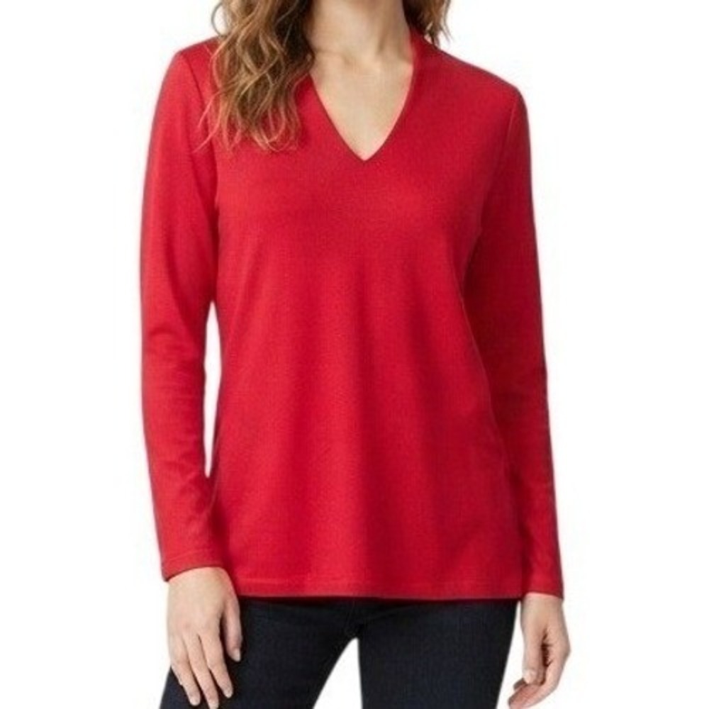 Chico's Women's Size‎ 0 Small Red V-Neck Red Pima Cotton Long Sleeve Blouse Tops